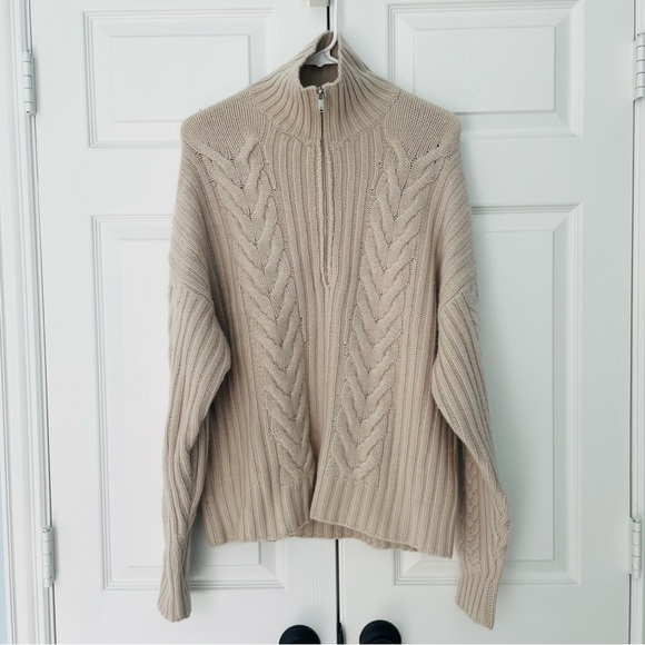 NAADAM Wool-Cashmere Open-Back Cable Quarter-Zip Taupe Linen Sweater NEW Large - Picture 5 of 10